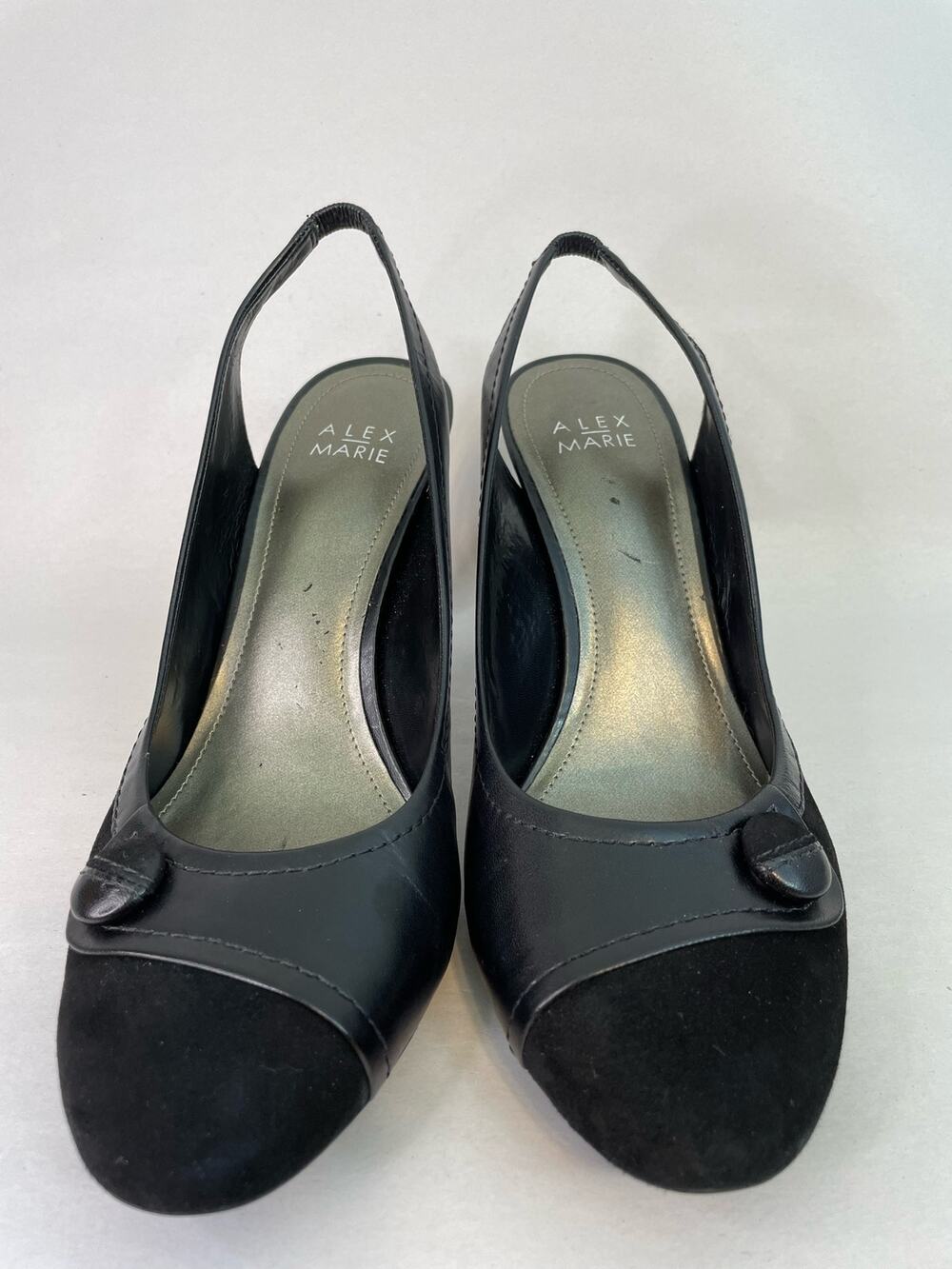 Alex Marie Pump Heels 10M Black Suede Slingback Button Detail Country Club